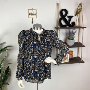 Joie Black Floral Embroidered Swiss Dot Tie Neck Top